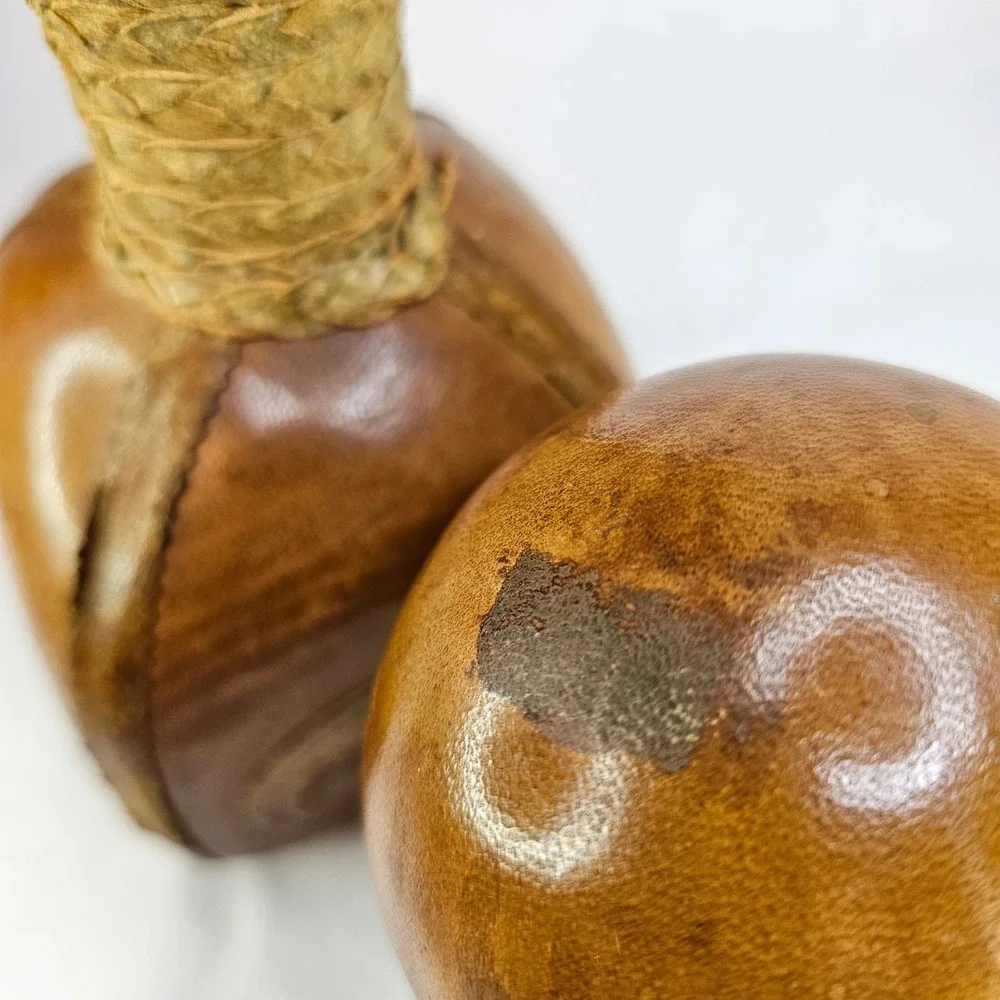 Vintage Brown Leather Decanter Bottle w/ Ball Stopper Rustic Neck Made in‎ Italy